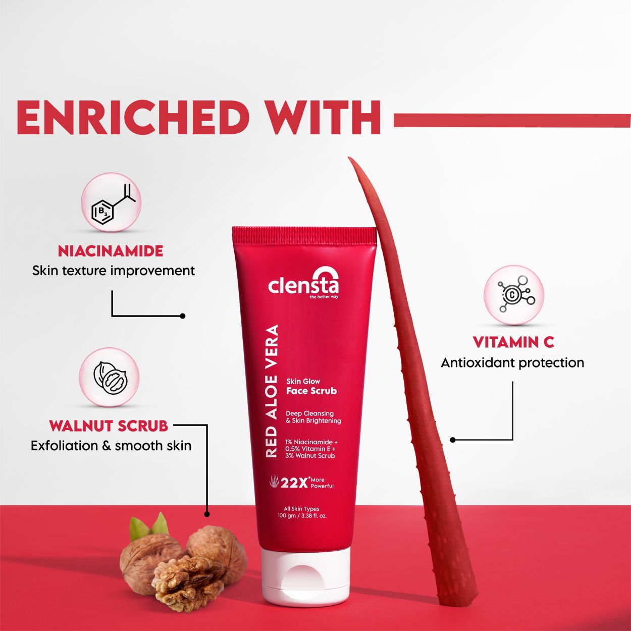 Red Aloe Vera Skin Glow Face Scrub With 1% Niacinamide, 0.5% Vitamin E & 3% Walnut Scrub For Deep Cleansing & Skin Brightening