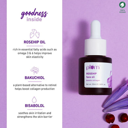 Rosehip Face Oil with Bakuchiol & Bisabolol | Lightweight, Quick Absorbing & Non-Greasy | For All Skin Types | For All Seasons | Fragrance-Free | 100% Vegan