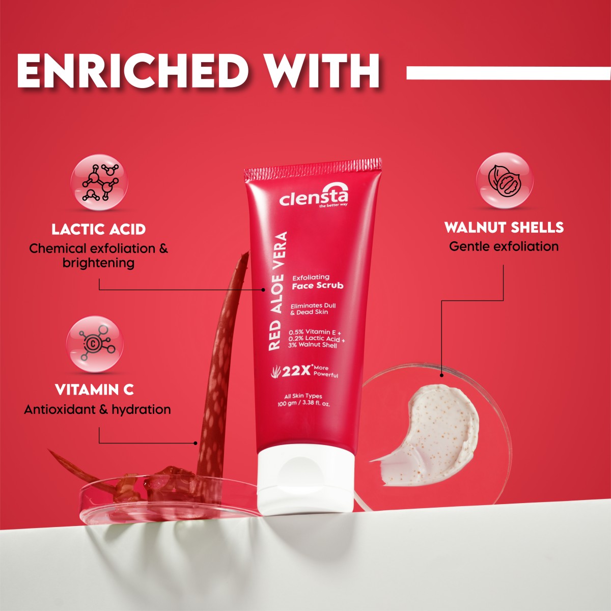 Exfoliating Face Scrub With 3% Walnut Shells, 0.5% Vitamin E & 0.2% Lactic Acid For Eliminating Dull & Dead Skin