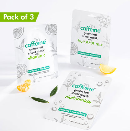 Green Tea Sheet Masks - Vitamin C, Niacinamide & Fruit AHA Mix - Pack of 3