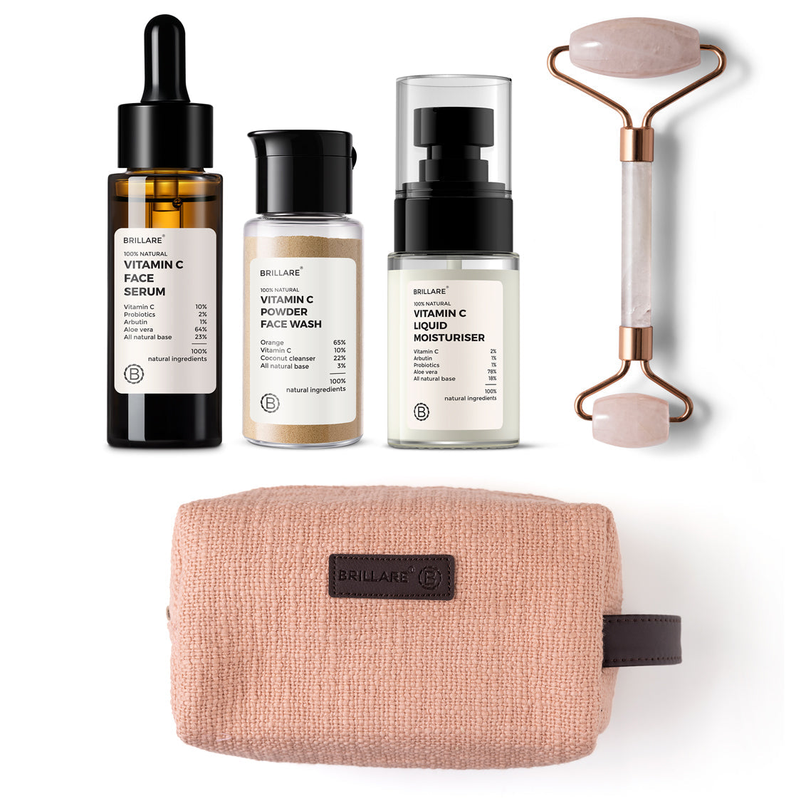 Vitamin C Face Serum & Powder Face Wash & Liquid Moisturizer with Jade Roller & Baby Pink Pouch